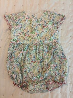 Bella Bliss Multicolor Floral Baby Romper Bubble with Red Ruffle Trim